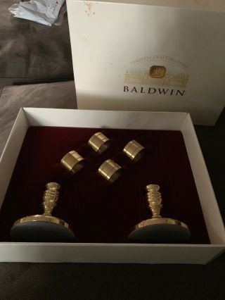 Baldwin Polished Brass Hostess Set 4 Napkin Rings,  2 Candle Holders/candlesticks