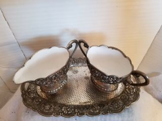 Antique Repousse Silverplate Sugar And Creamer Set With Ceramic Painting Inside
