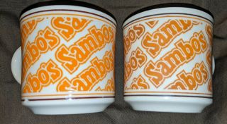 2 Vintage Sambos Restaurant Coffee Cup Mug Cream And Orange Made In Usa