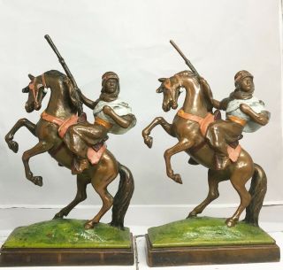 Paul Herzel Antique Pair Bedouin On Horseback Orientalist Bronze Clad Bookends