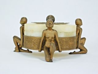 Vintage German Art Deco Alabaster Gilt Metal Maiden Trinket Box Mid Century T100