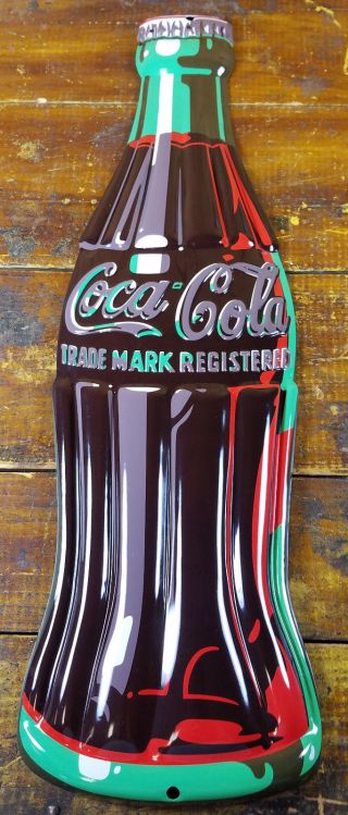 Coca Cola Soda Pop Coke Bottle Shaped Highly Embossed Metal Advertising Sign