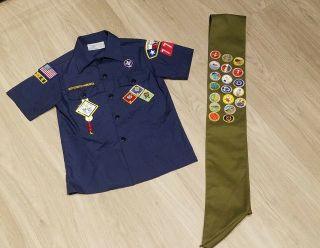 Bsa Boy Scouts Merit Badges Sash 19 Patches & Uniform Shirt Youth Medium 10/12