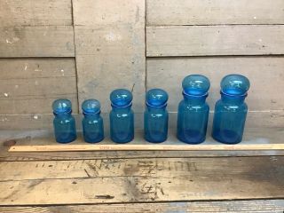 Set Of 6 Vintage Aqua Blue Apothecary Jars W/ Bubble Top Made In Belgium