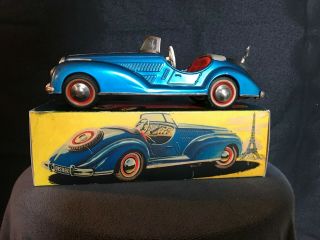 Vintage Distler Clockwork Tin Car Mercedes Convertible Blue W/ Key & Box