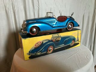 Vintage Distler Clockwork Tin Car Mercedes Convertible Blue w/ Key & Box 2