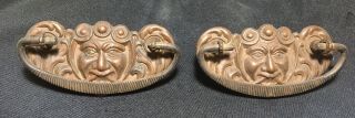 Antique Pair 2 - Brass Stamped Drawer Pulls Northwind Large Face Orig Screws Nuts