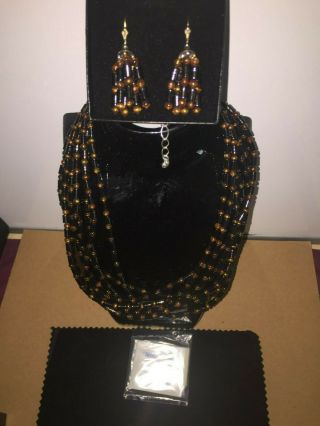 Combo Set Jay King 925 Blk - Onyx & Tigers Eye Multi Strand Necklace W/earrings
