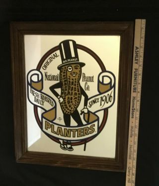 Vintage Planter ' s Mr.  Peanut Advertisement Mirror Picture Wooden Frame 17 x 14 2
