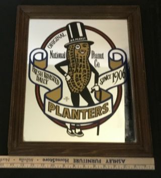Vintage Planter ' s Mr.  Peanut Advertisement Mirror Picture Wooden Frame 17 x 14 3