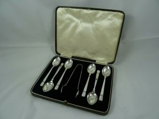 Boxed Set X 6 Art Deco Silver Tea Spoons & Tongs,  1938,  99gm
