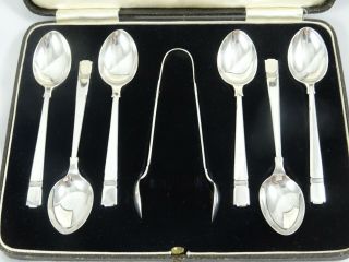 BOXED set x 6 ART DECO silver TEA SPOONS & TONGS,  1938,  99gm 2