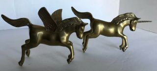 Set Of 2 Vintage Brass Unicorn & Pegasus Flying Horse Figurines Statues Decor