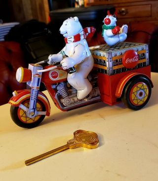 Coca Cola Motorcycle With Polar Bear Wind Up Tin Toy With Key