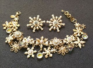 Rare Retired Kirks Folly Snowflake Charm Bracelet & Earring Set Gold Toned