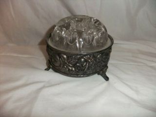 Silverplate Footed Flower Holder With Clear Glass Frog Floral Motif Base