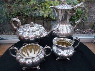 1900 James Dixon & Sons Gourd Shape Silver Plated Tea Set Berry Finials