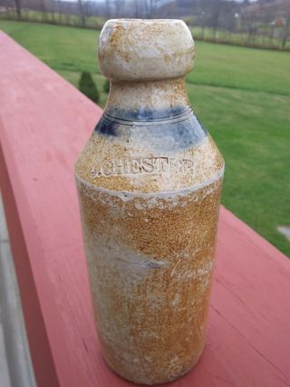 Stoneware Beer Bottle Marked J Chester W / Blue Stripe Mid 1800,  S