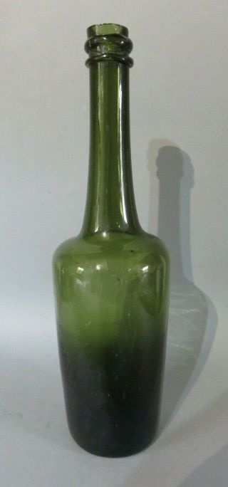 Antique Green Glass Hand Blown Wine Bottle Circa 1800 With Deep Pontil Mark