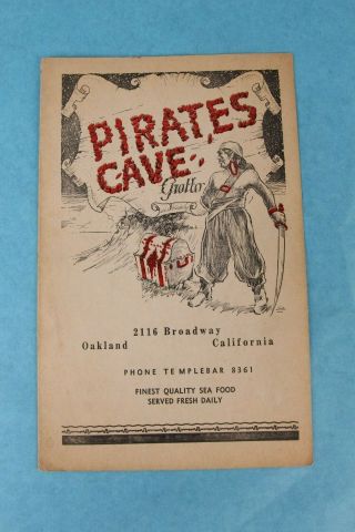 Vintage 1935 Pirates Cave Grotto Restaurant Dinner Menu Oakland,  California