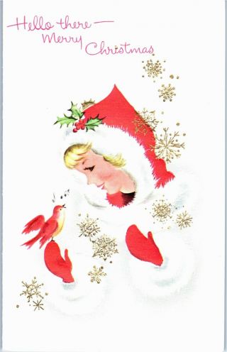 Santa Claus Coat Pretty Girl Lady Woman Bird Snow Vtg Christmas Greeting Card