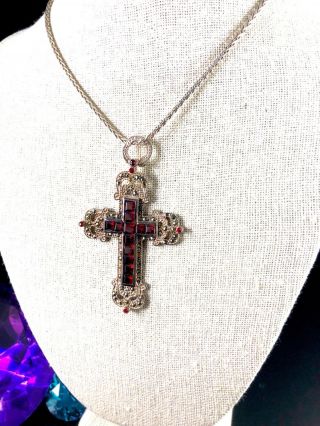 Hand - Crafted Signed 925 Sterling Silver Garnet Marcasite Stone Cross Pendant