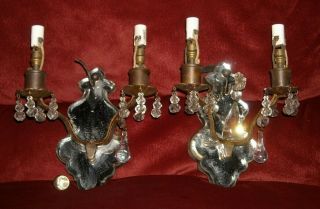 Pair Antique Vintage Glass Prism Candlestick Wall Sconce Light Fixtures
