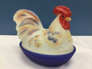 Vtg Fenton Art Glass Hen On Nest Covered Dish Hand Painted & Signed White Blue
