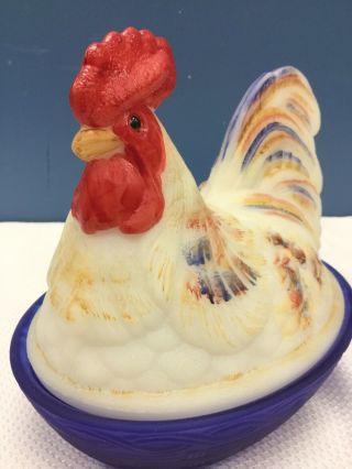 Vtg Fenton Art Glass Hen On Nest Covered Dish Hand Painted & Signed White Blue 3