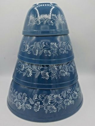 4 Vintage Pyrex Blue Colonial Mist Kitchen Mixing Bowl Set 401 - 404