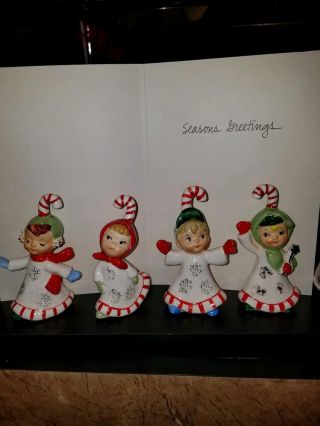 4 Vintage Lefton Christmas Candy Cane Kids Signed Figurines
