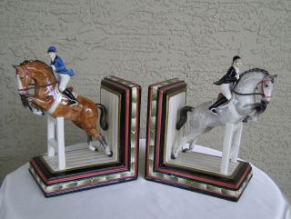 Vintage Fitz & Floyd Jumping Horse Rider Bookends.  Hunter Jumper Showjumping