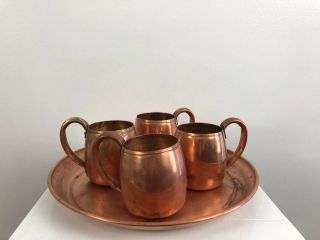 4 Vintage West Bend Solid Copper Mugs - Old Moscow Mule Cups And Tray