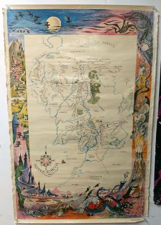 Vintage Tolkien Hobbit Lord Of The Rings Middle Earth Map Poster 1960s Era U8251