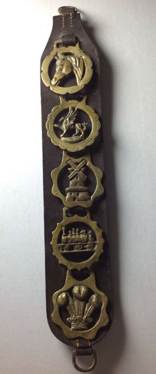 Vintage Horse Brasses Set Of 5 On Leather.  Very Cool