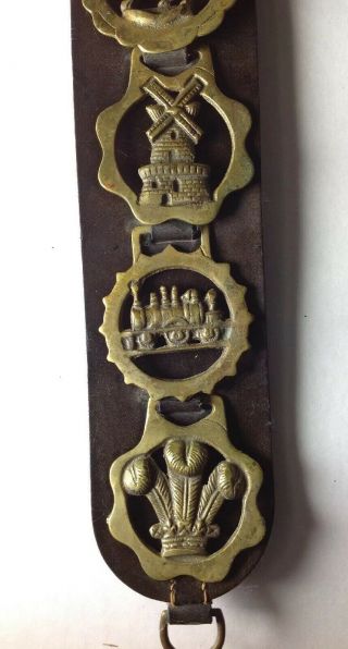 Vintage Horse Brasses Set Of 5 On Leather.  Very cool 3