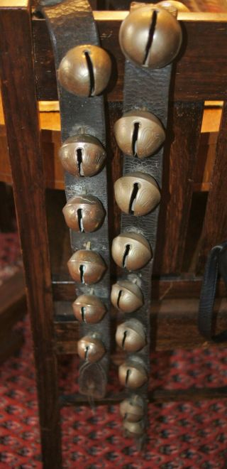 19 Antique Brass Sleigh Bells On 64 " Leather Belt Graduated Bells Great Ring
