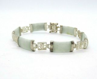 Vintage Chinese Silver Green Jadeite Jade Panel Link Bracelet,  12.  8g