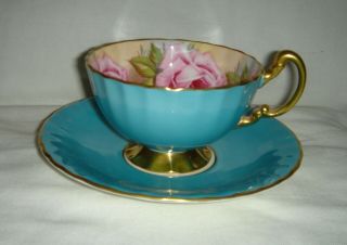 Vintage Aynsley Turquoise Cup & Saucer With Large Pink Roses Pattern 21031