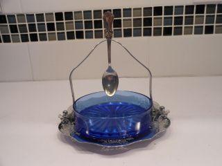 Farber Brothers Art Deco Chrome Salt/relish Dish Basket With Blue Bowl