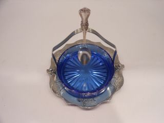 Farber Brothers Art Deco Chrome Salt/Relish Dish Basket with Blue Bowl 2