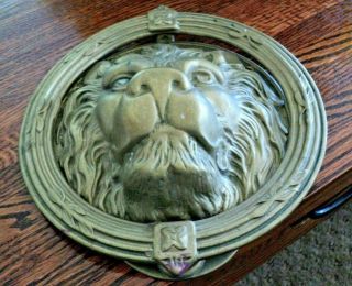 Vintage Large Solid Brass Lion Head Face Door Knocker 8 " Patina