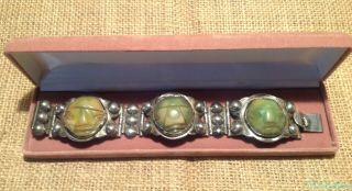 C1940s Taxco? S.  R.  Mexico Sterling Silver Bracelet Carved Green Stone Masks 72g