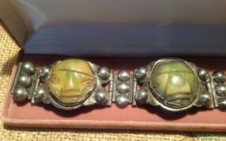 c1940s Taxco? S.  R.  Mexico Sterling Silver Bracelet Carved Green Stone Masks 72g 2