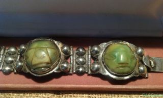 c1940s Taxco? S.  R.  Mexico Sterling Silver Bracelet Carved Green Stone Masks 72g 3