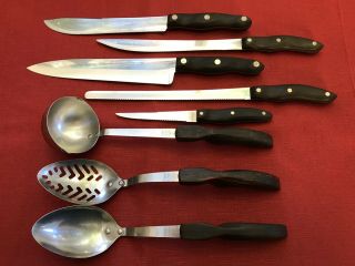 Very Vintage Set Of 8 Cutco Knife Knives Spoons Brown Wood Handle Made In U.  S.  A