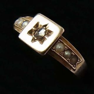 Antique Victorian 15ct Gold,  Pearl & Diamond Ring -