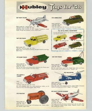 1958 Paper Ad 4 Pg Hubley Toys Tow Truck Ford Farm Tractor Air Force Army Navy