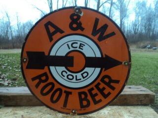 Vintage Ice Cold A & W Root Beer Porcelain Enamel Sign Soda Pop A&w