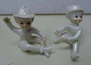 Vintage Pair Christmas Pixie Elves Ceramic Candle Huggers